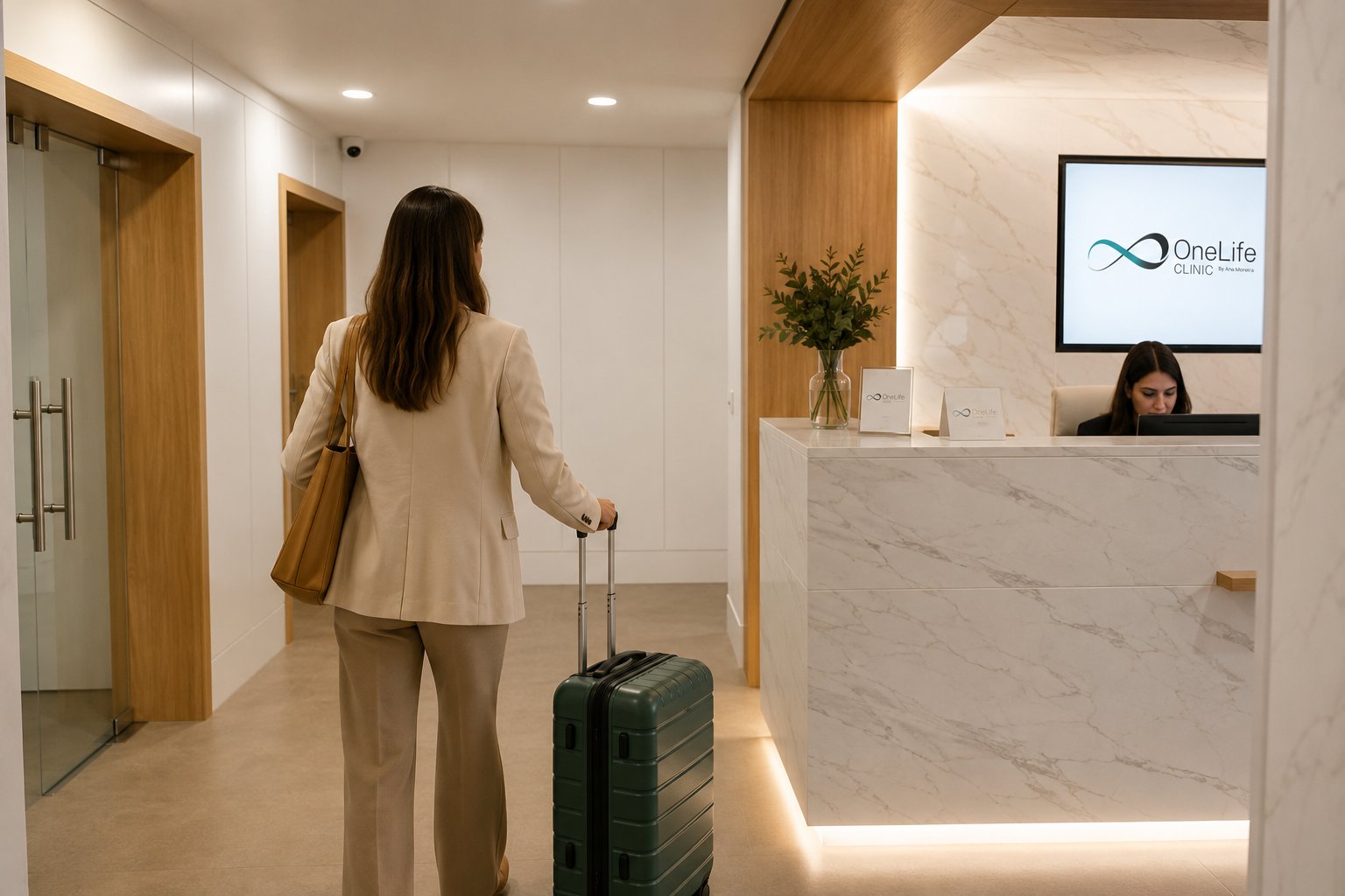 International patient arriving at the OneLife Clinic reception in Porto