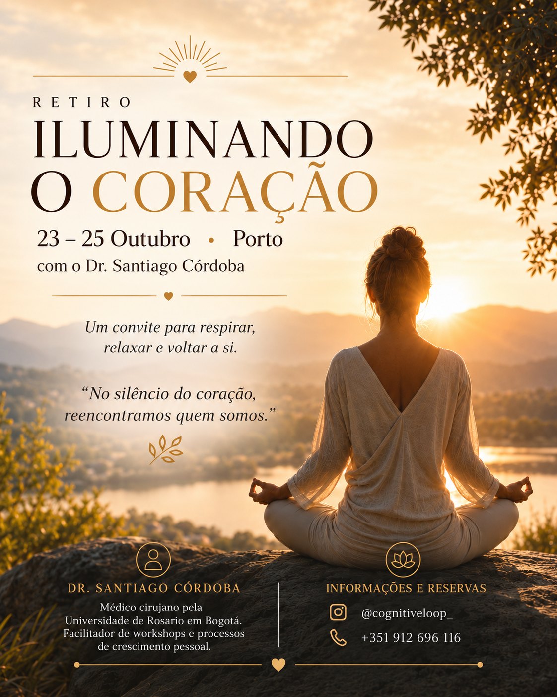 Retiro Iluminando o Coração, com o Dr. Santiago Córdoba. 23 a 25 de outubro, Porto. Informações e reservas: +351 912 696 116.